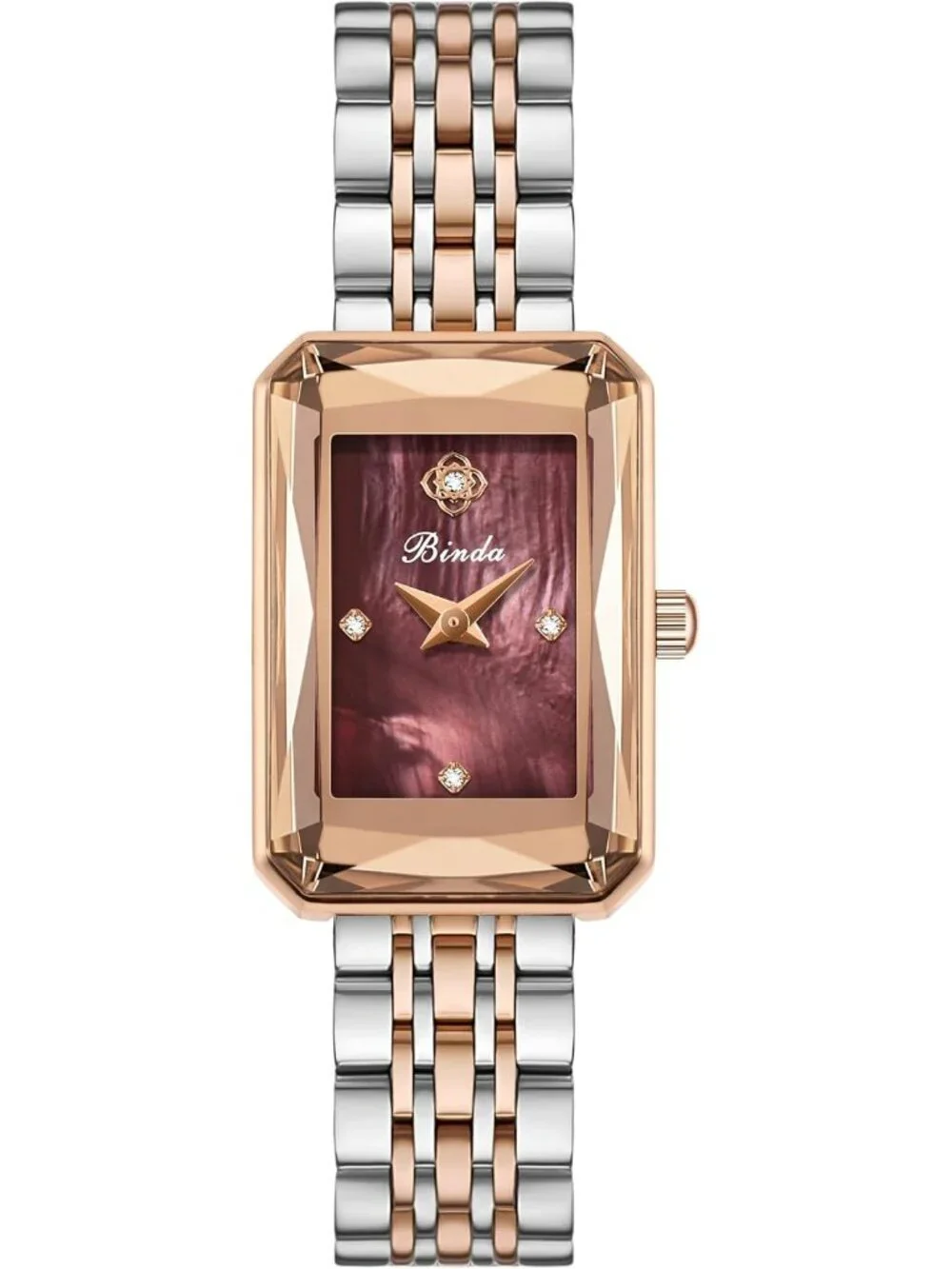 Women's Silver Gold Burgundy Vintage Rectangular Case Stainless Steel Band Watch